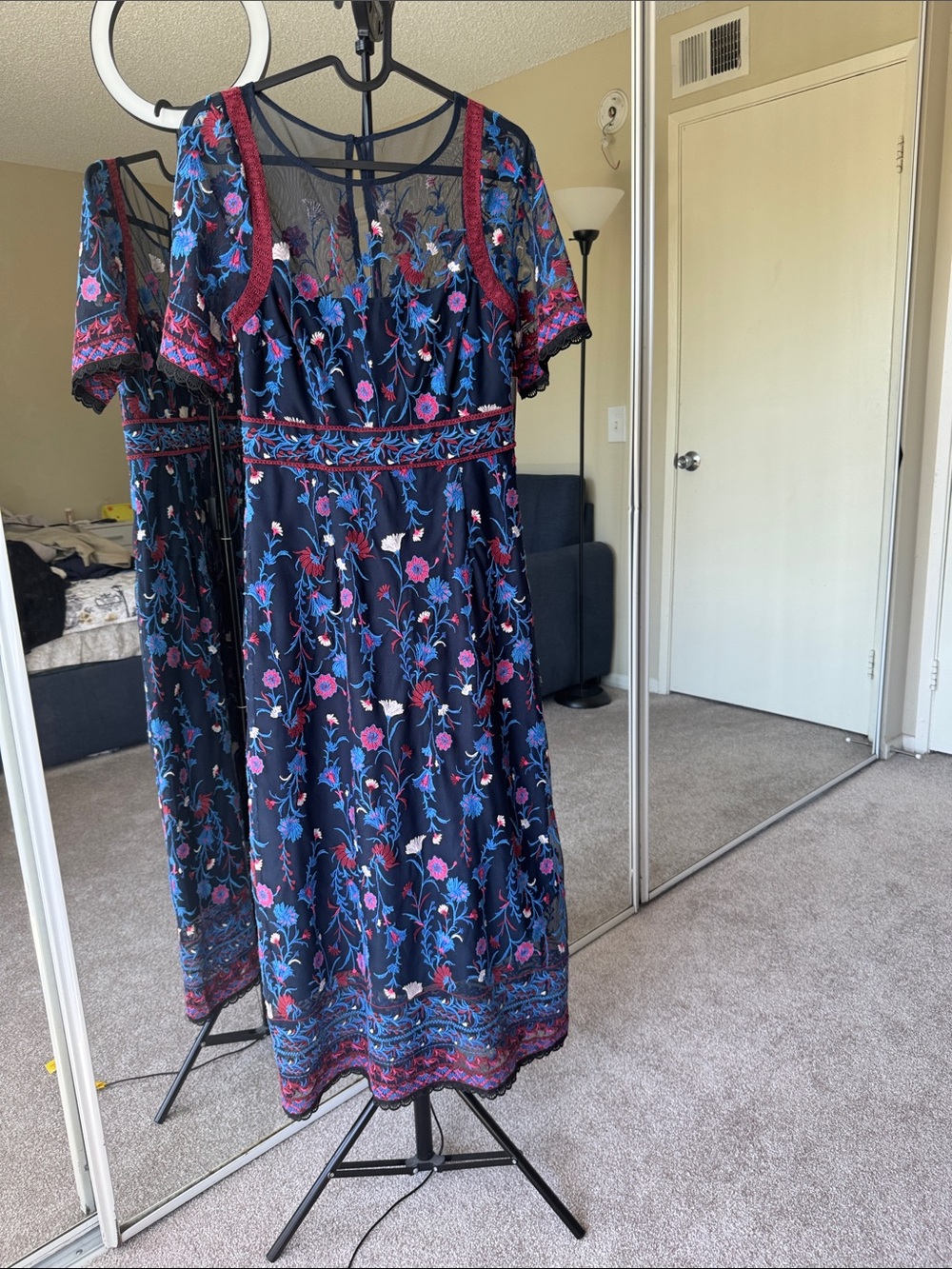 Anthropologie Navy Mesh Midi Dress with Pink and Blue Floral Embroidery